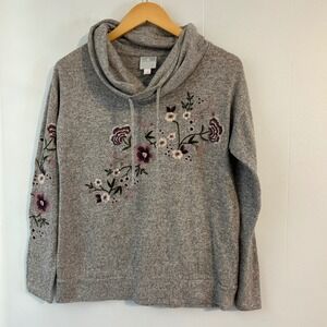 Sunday Gray Heathered Cowl Neck‎ Embroidered Floral Sweatshirt Women's XS